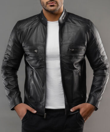 Mens Black Perforated Lambskin Cafe Racer Leather Jacket