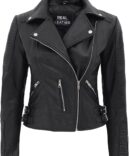 Bari Womens Asymmetrical Black Leather Moto Jacket