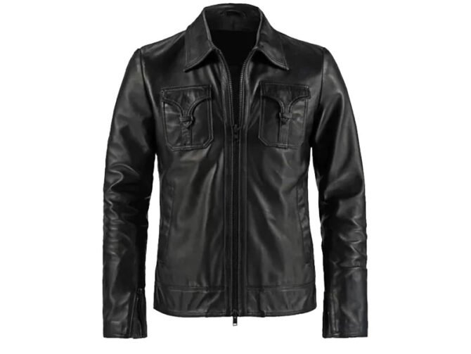 Mens Full Zipper Casual Black Leather Jacket