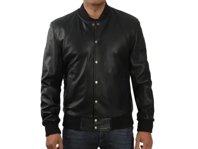 Black Button-Up Leather Bomber Jacket