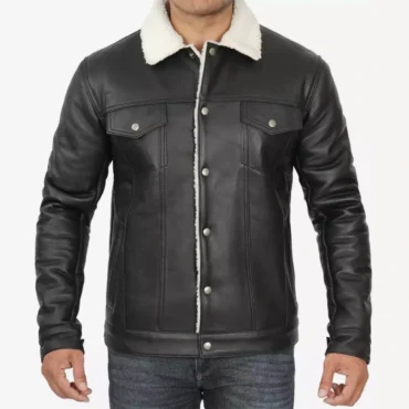 Mens Black Trucker Jacket with Faux Shearling