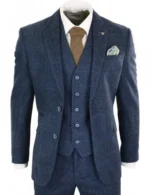 Herringbone Tweed Mens Navy Blue 3 Piece Suit