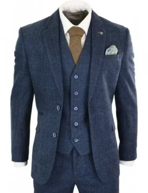 Herringbone Tweed Mens Navy Blue 3 Piece Suit