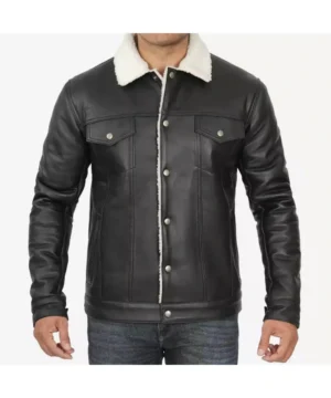 Mens Black Trucker Jacket with Faux Shearling