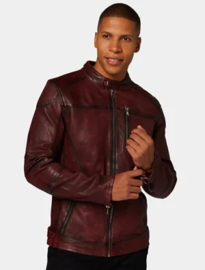 Maroon Leather Cafe Racer Jacket