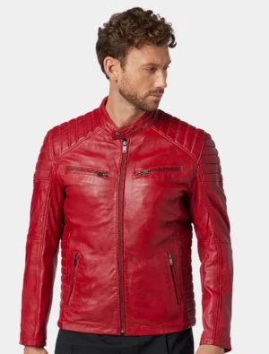 Men's Classic Red Cafe Racer Leather Jacket