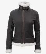 Mary B3 Hooded Bomber Brown Shearling Leather Jacket