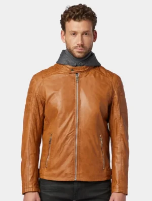 Men's Casual Tan Hooded Leather Jacket